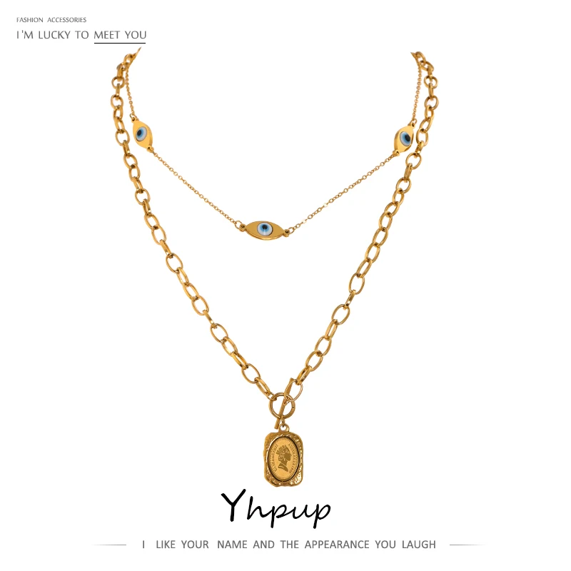 

Yhpup Portrait Head Pendant Necklace Stainless Steel Eye Chain Double Layered Jewelry Necklace Statement Jewelry Gift New