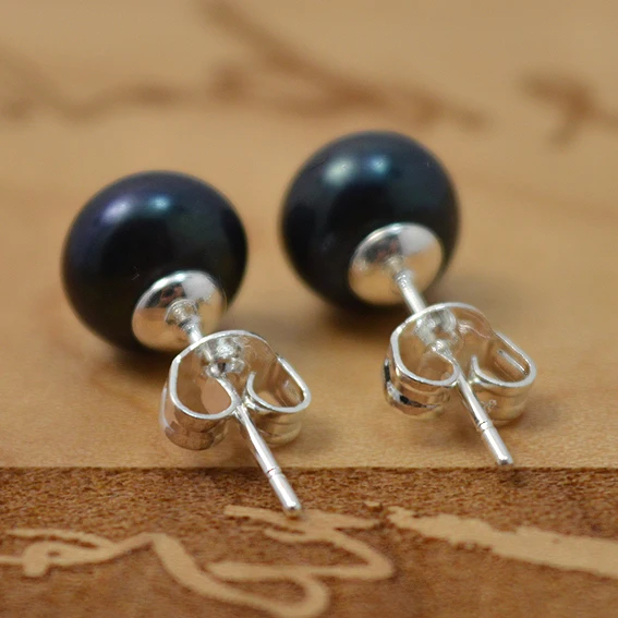 

Top Quality 7.5MM Pearl Earring Black Natural Freshwater Pearl S925 Sterling Silver Stud Earrings Fine Jewelry Girl Lady Gift