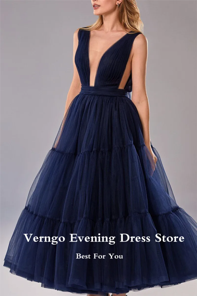

Verngo 2021 Red A Line Tulle Short Evening Dress V Neck Backless Bow Midi Prom Gowns Tea Length Formal Homecoming Dress