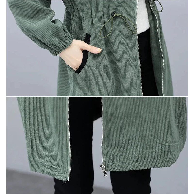 

Korean Style Corduroy Jacket Women Plus Size L-5XL Patchwork Casual Loose Mid-Length Windbreaker Drawstring Zip Up Unlined Coats