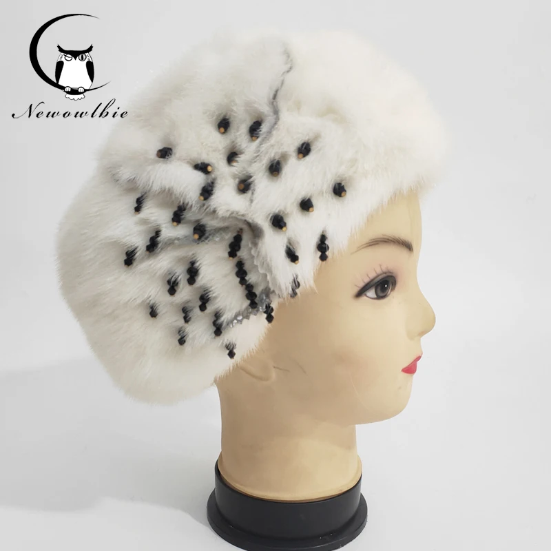 Russian Fur Hat Winter Warm Natural Mink Fur flower Hats for Women Classic Luxury Caps Earflap Christmas Hat beret hat
