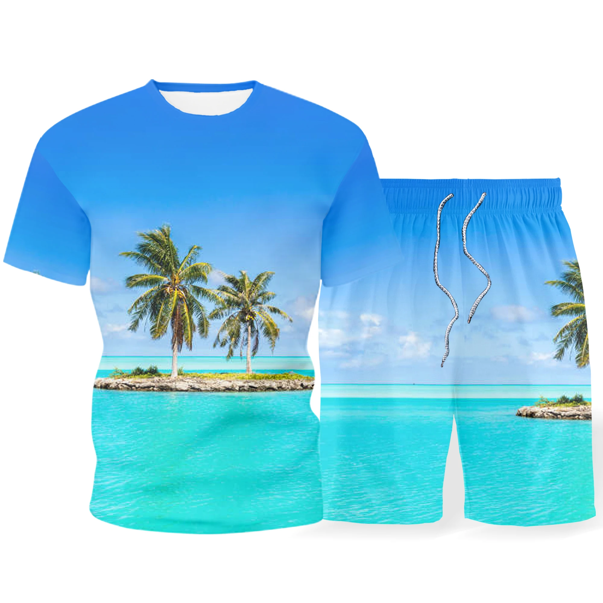 

Summer men's island vacation Hawaii fashion sports shorts 3D suit T-shirt short-sleeved suit landscape men's and women's beach p
