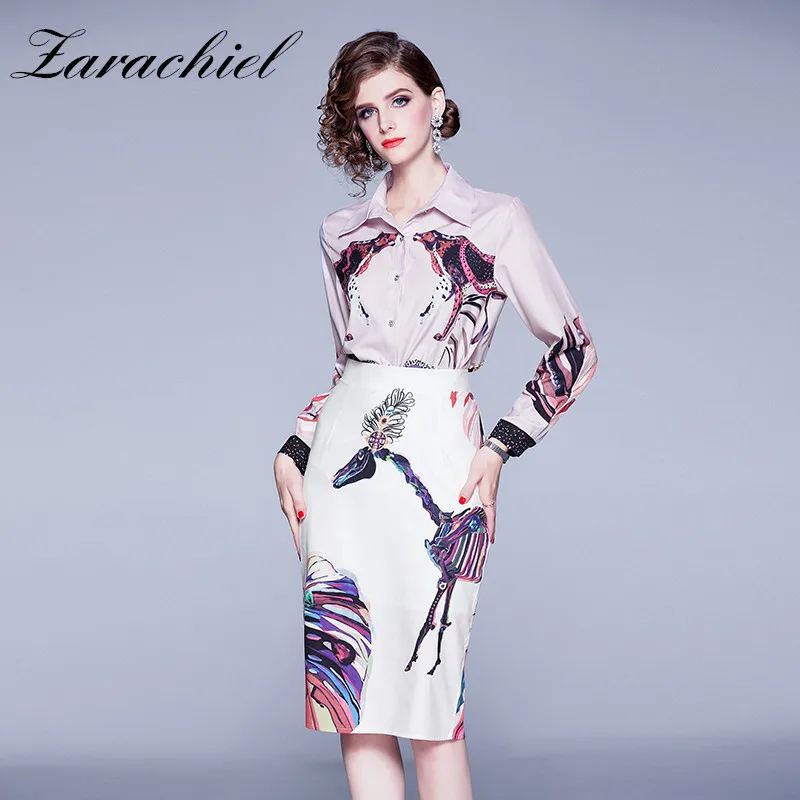 Женский комплект из 2 предметов Элегантная блузка с принтом и винтажная юбка до