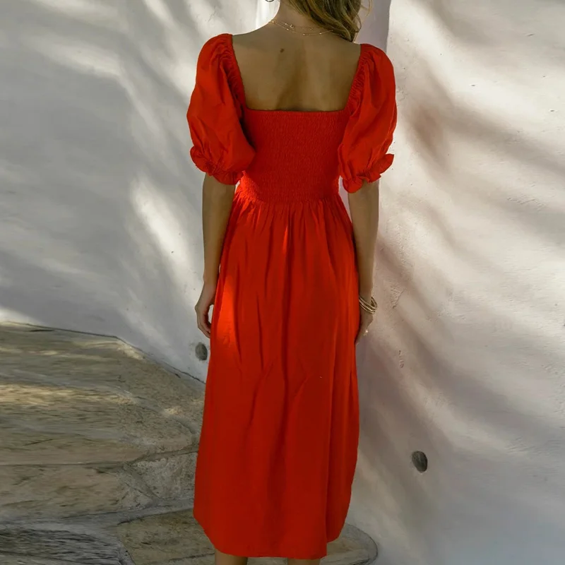 

2021 Summer Puff Shoulder Draped Slit Party Dress Women Sexy Slash Neck Solid Boho Long Dress Spring Backless Maxi Beach Dresses