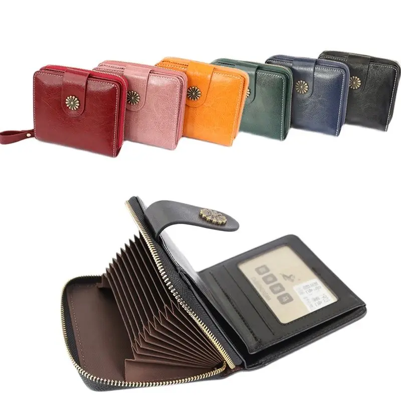 Винтажный Женский кошелек из 100% воловьей кожи на молнии с подсолнухами кнопках