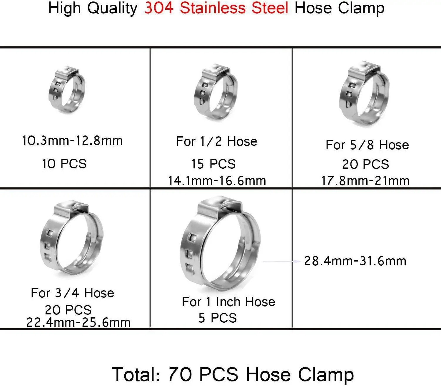 

70Pcs 304 Stainless Steel Single Ear Stepless Hose Clamps Clamp Assortment Kit Crimp Pinch Rings for Securing Pipe Hoses