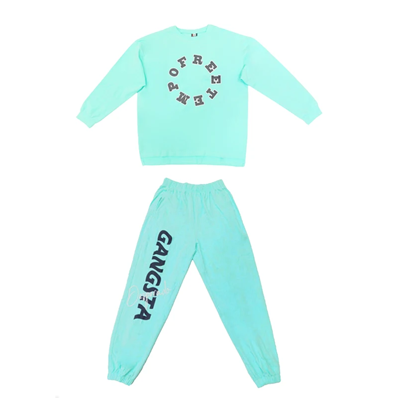 

2021 Jazz Street Dance Costumes Girls Long Sleeve Mint Green Hiphop Suit Ballroom Hip Hop Clothes Boys Stage Outfits