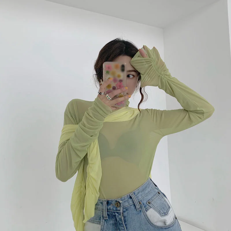 

Fashion Neon Shirt For Women Long Sleeve Stand Collar Sheer Top Mesh Sexy Party Club Streetwear Hip Hop Women Tops Solid Color