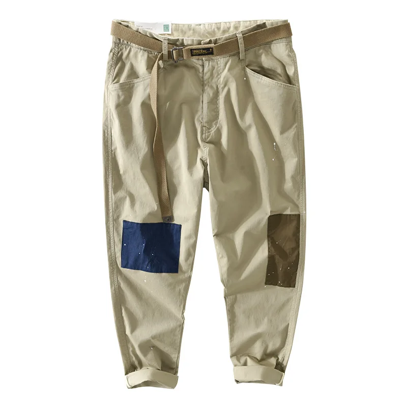 

2021 Spring Summer New Men's Casual Mid Waist With Belt Cotton Made Straight Loose Cargo Pants Men's Thin Patchwork Trousers