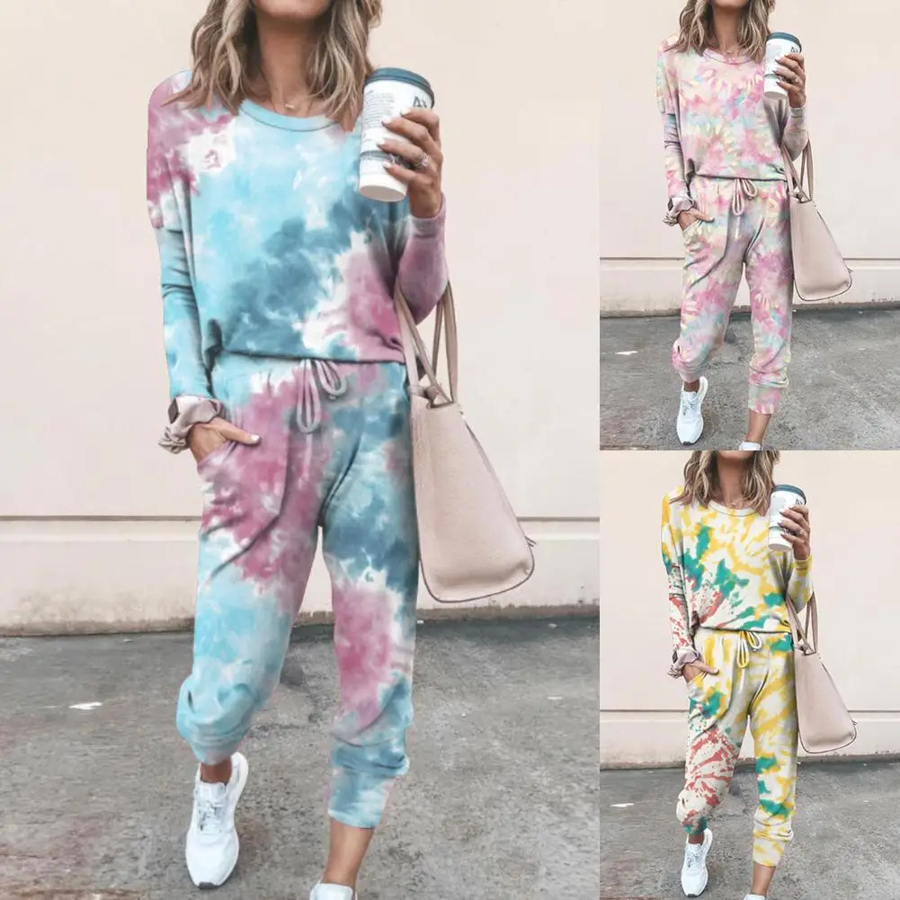 

2Pcs Women Tie Dye Jogger Suit Long Sleeve Round Neck Pants Sleepwear Loungewear Women Sleep Wear Sleepwear Pajamas For Women