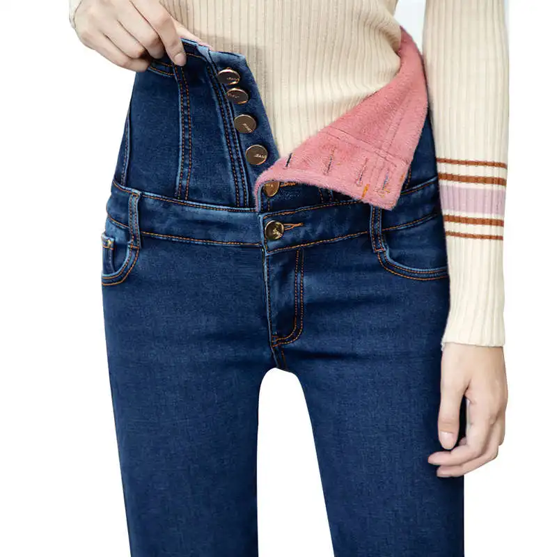 blue pink velvet Размера плюс 6XL плюс бархат утолщаются обтягивающие джинсы зимняя женская обувь Высокая Талия зауженные джинсы Femme длинные джинсовые штаны брюки Для женщин C5672 - Цвет: blue pink velvet