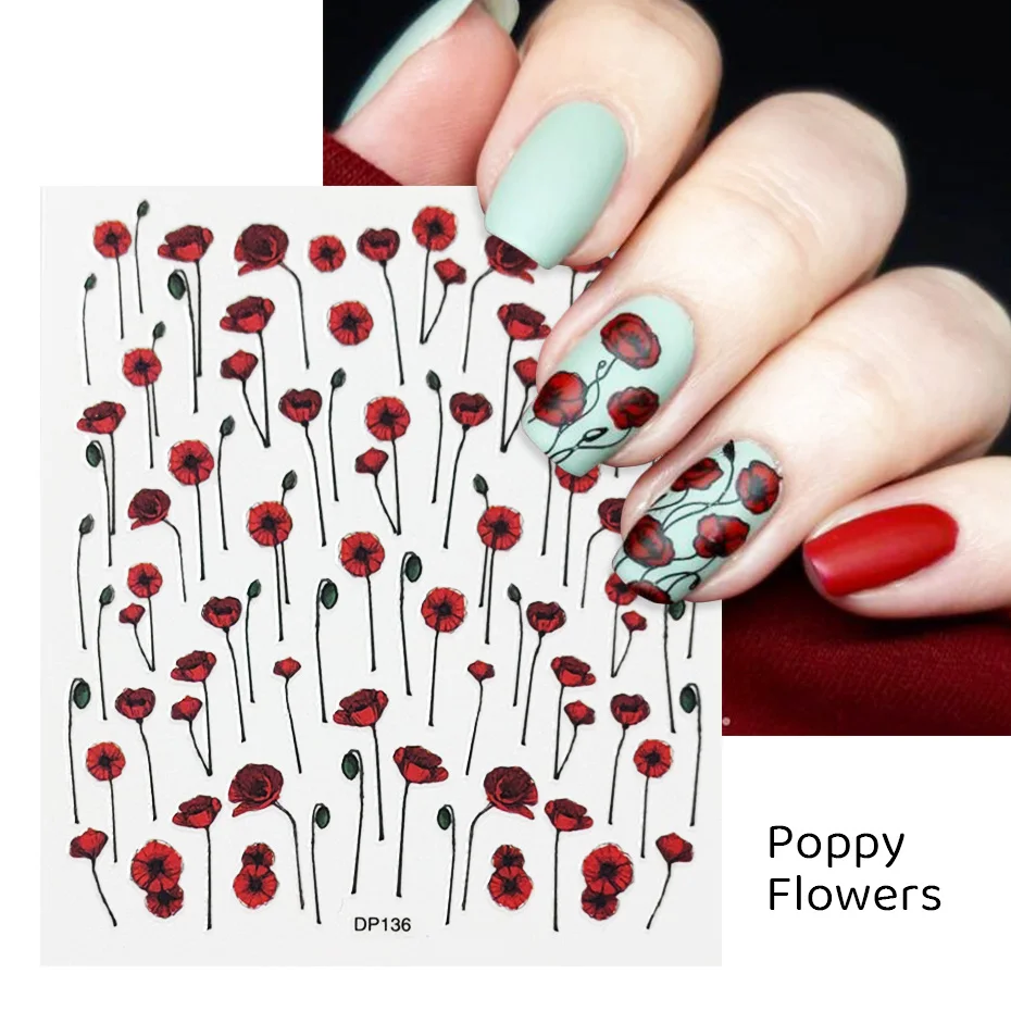 Классический набор наклеек для маникюра с цветами и листьями Classy Flowers Leaves Nails Polish Sticker Set 3D Poppy Rose Branch Designs Decals Summer Blossom Manicure Sliders CHDP129-DP138 on.