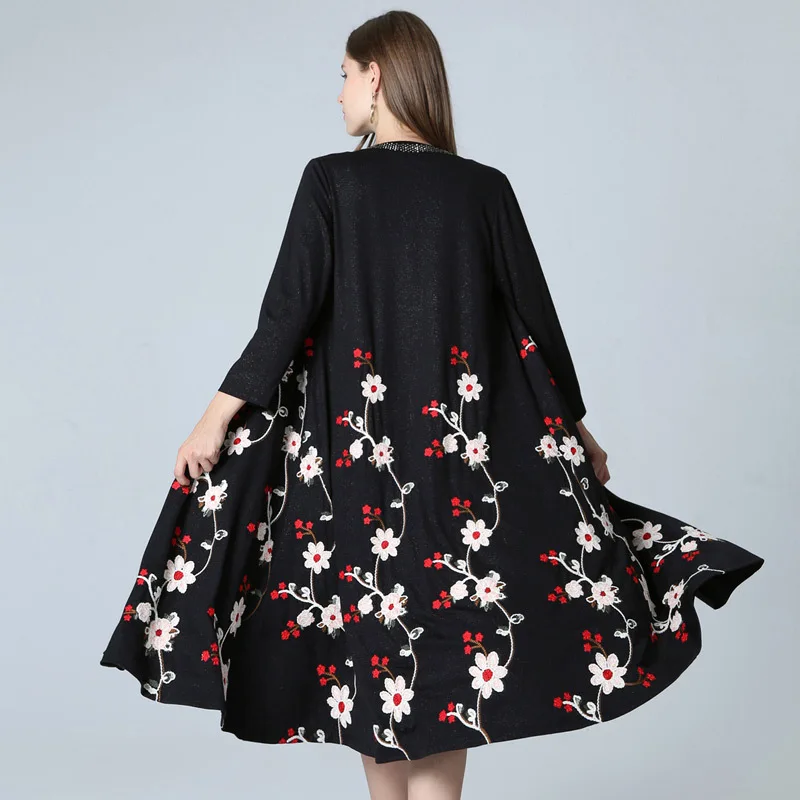 

Winter 2021 Autumn Fashion Long Cardigans Coat Women Appliques Embroidery Beading Long Sleeve Black Cardigan Outerwear Coats 3XL