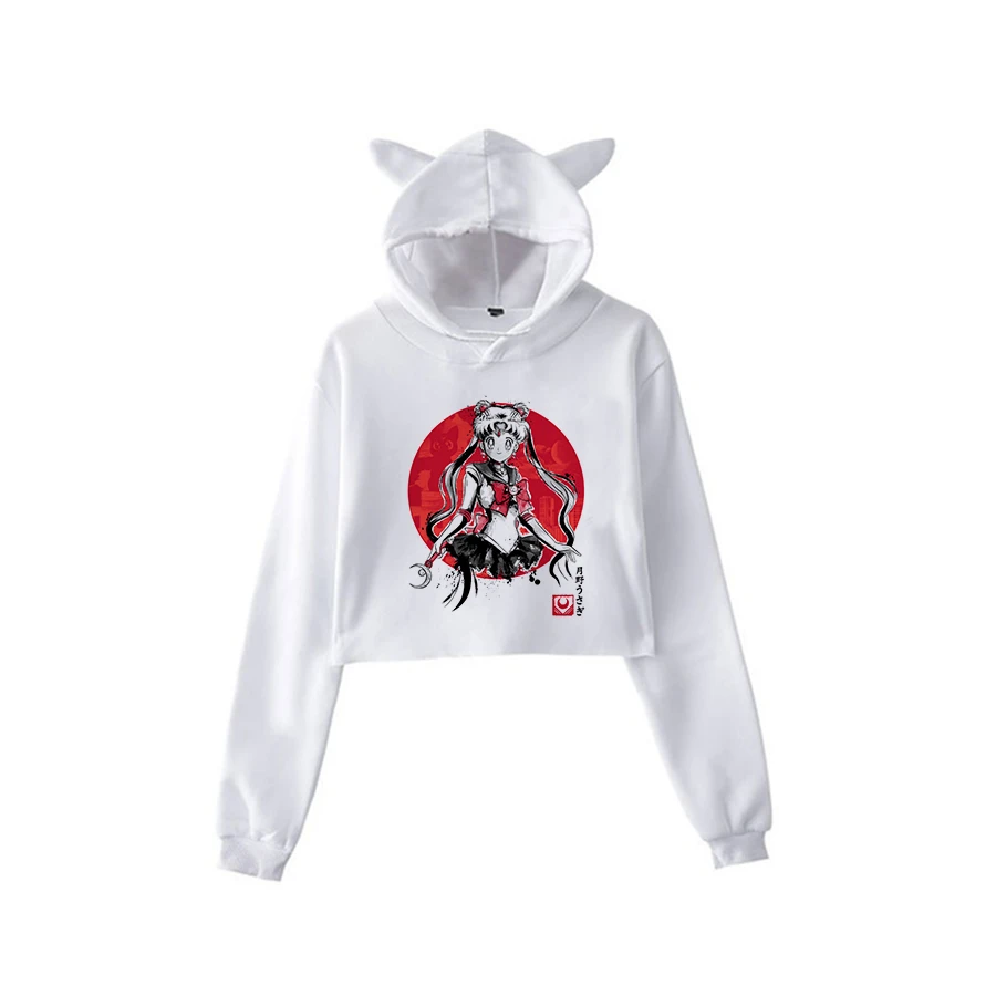 Сейлор Мун Харадзюку Толстовка корейский стиль ulzzang kawaii 90s мультфильм одежда пуловеры новые негабаритные с капюшоном уличная - Цвет: white512