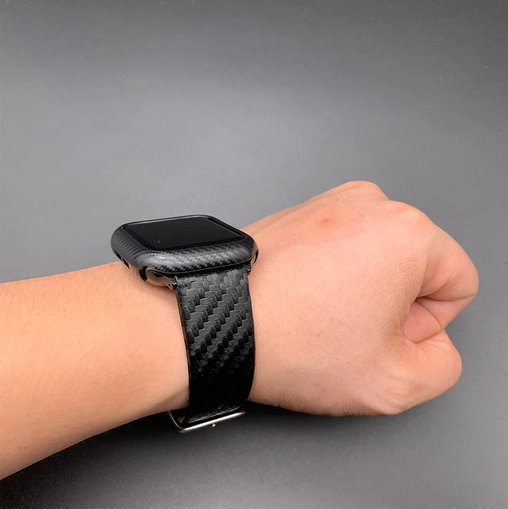 

With Protective Case Imitation Carbon Fiber Leather Band for Apple Watch Strap 42mm 44mm IWatch Bracelet Series 4 5 6