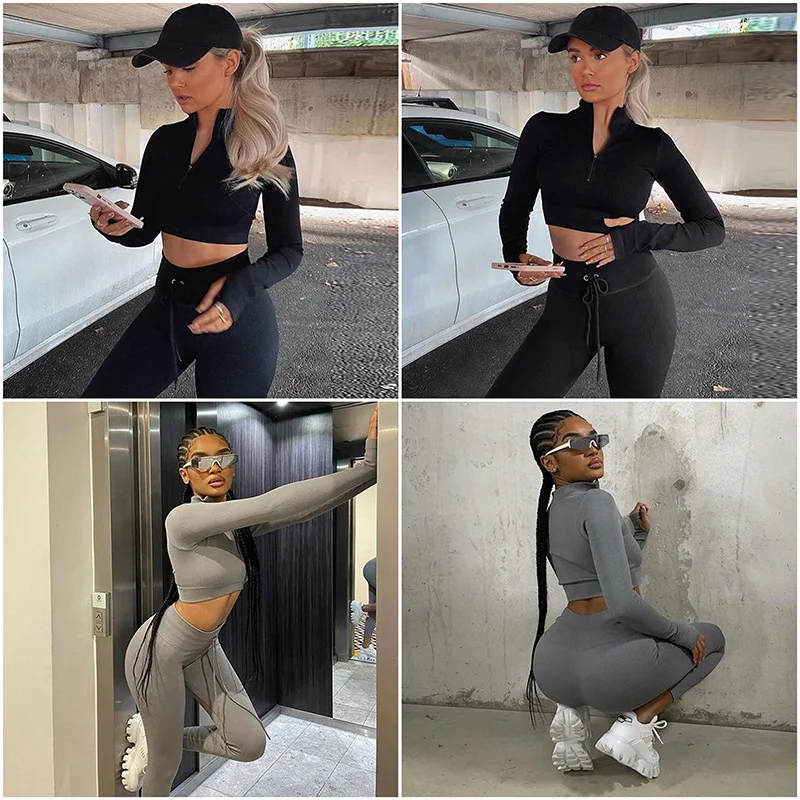 Solid Zip Ribbed Fitness Yoga Set Women Gym Clothes Short Sleeve Zipper Crop Top High Waist Legging Pants Workout  Tracksuit