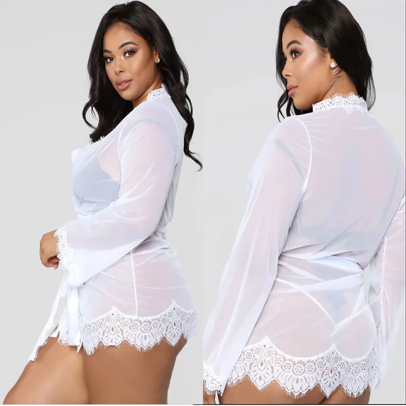 Сетчатая ночная рубашка размера плюс халат с стринги + пояс эротическое