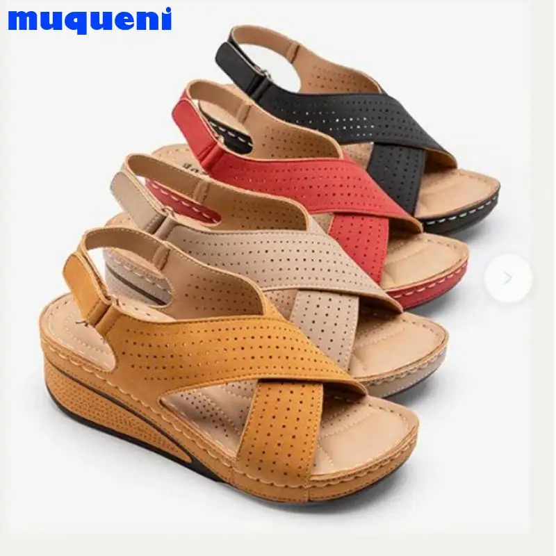 

Women Sandals New Summer Shoes Woman Ladies Sewing Hollow Out Wedges Female Casual Pu Leather Comfortable Retro Sandalis