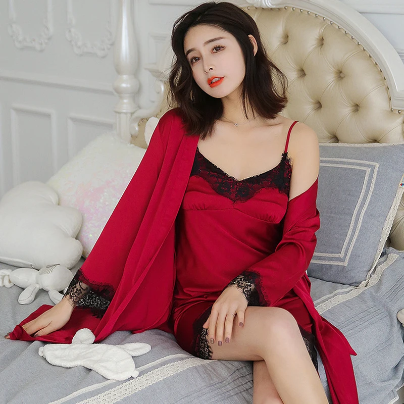 Lady Lace Sexy Suspenders Shorts Pajamas Three-Piece Suit Simulation Silk Homewear Hot Style Bathrobe Lounge Negligee | Женская одежда
