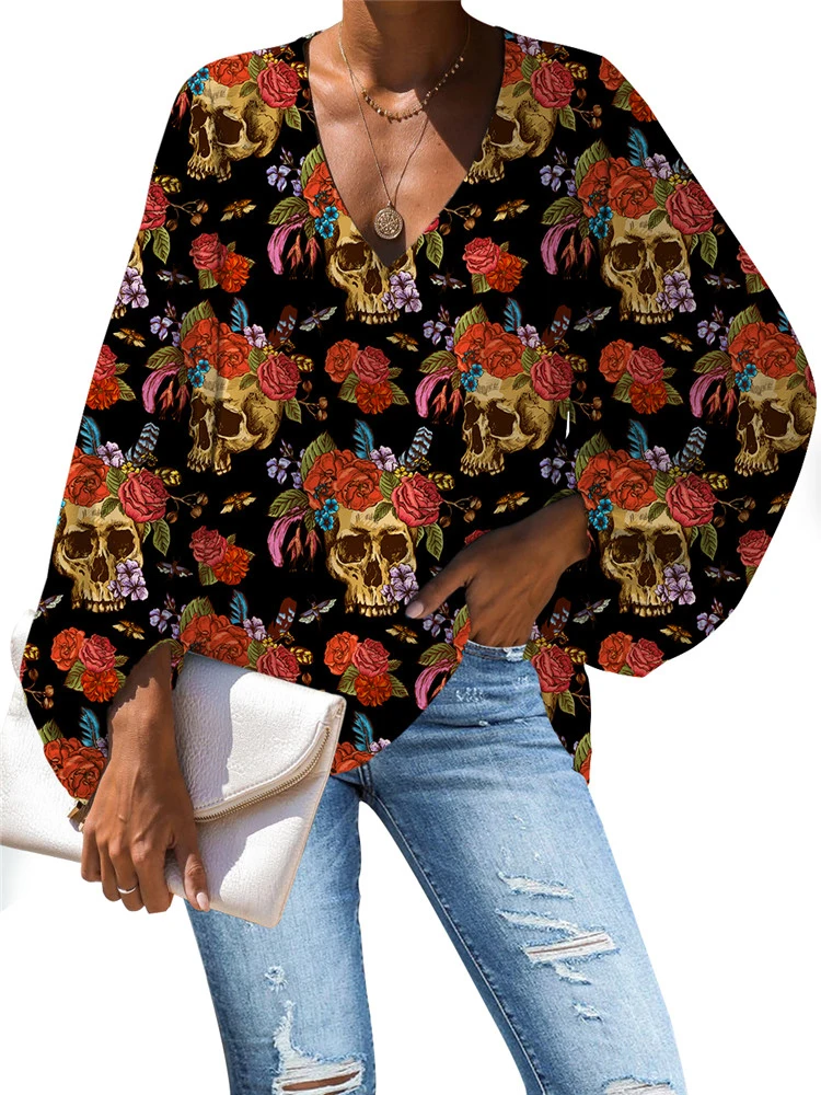 

MOZOEYU Large Size Blouse Funny Skull Print Blouse 2020 Casual Loose Long Sleeve Shirt V-neck Tops Plus Size Dropshipping