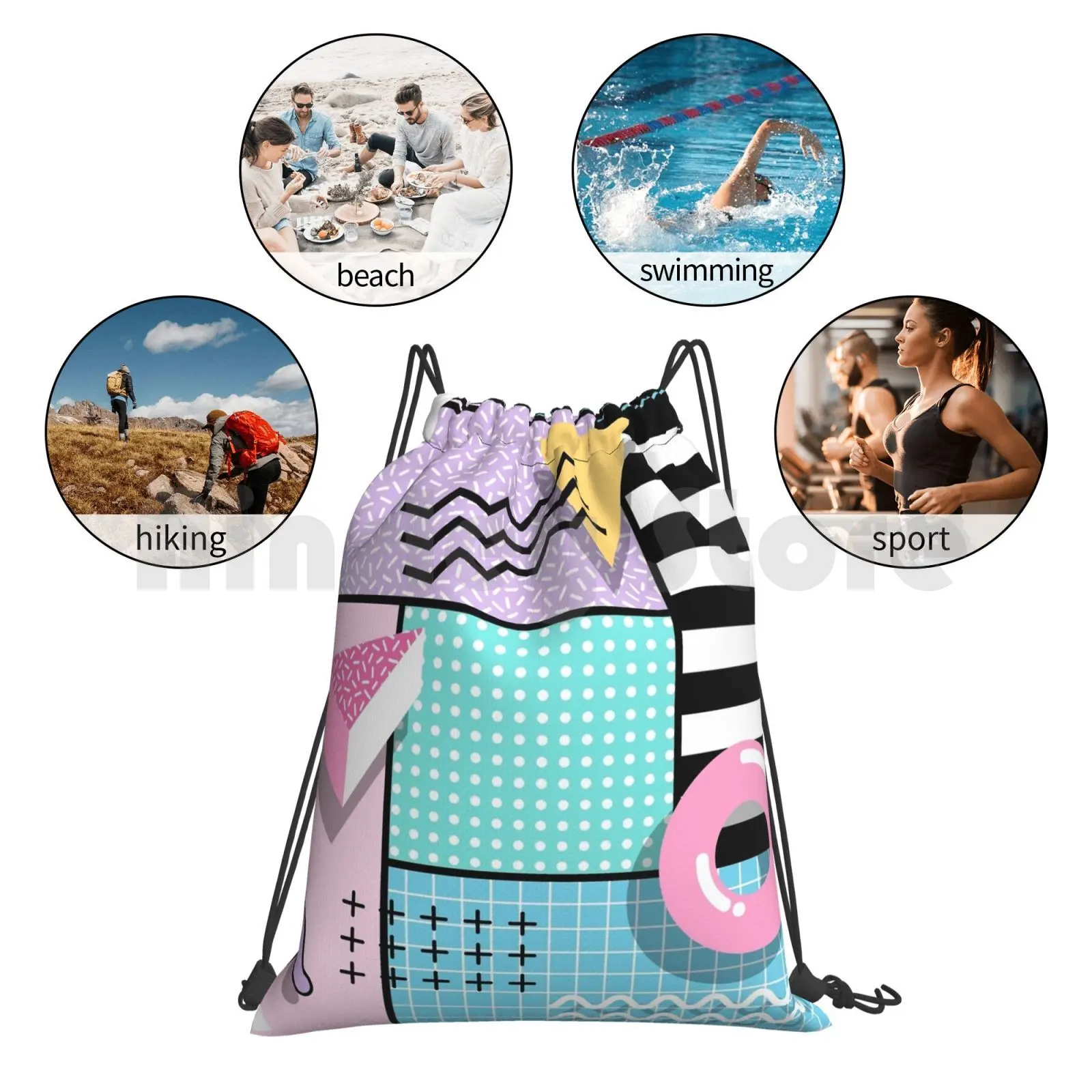 

Memphis Party Backpack Drawstring Bags Gym Bag Waterproof Memphis Style Retro Eighties 80S 90S Geometric Shapes Polka