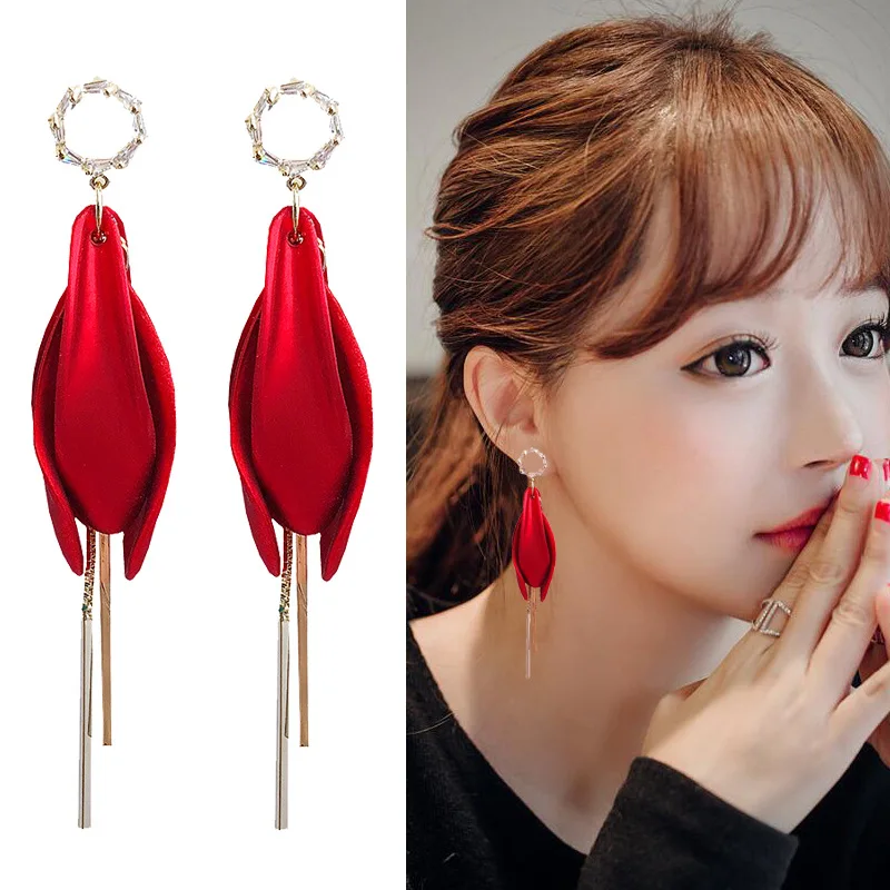 Gold Color Long Tassel Earrings Red Green Flower Vintage Earring for Women Bohemian Trendy Jewelry Gift Dropshipping | Украшения и