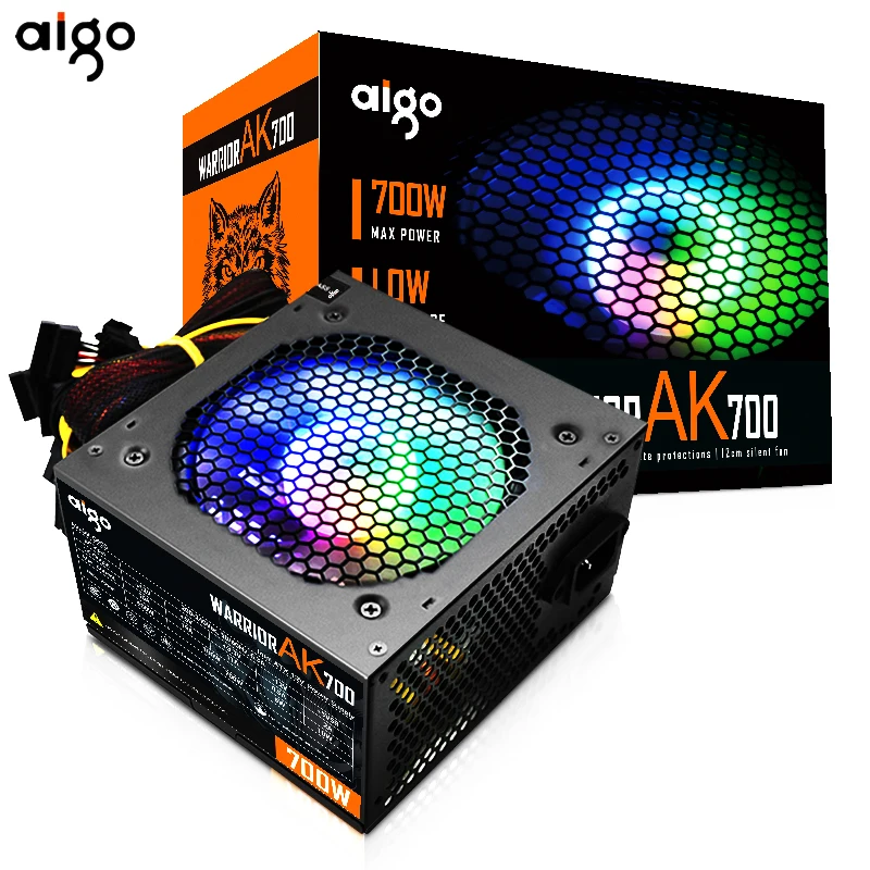 Блок питания Aigo ak700 max 700 Вт для игрового ПК, тихий блок питания с rgb-подсветкой, 120 мм, 24 контакта, блок питания 12 В, ATX, BTC, блок питания для настольного компьютера, для ПК - изображение