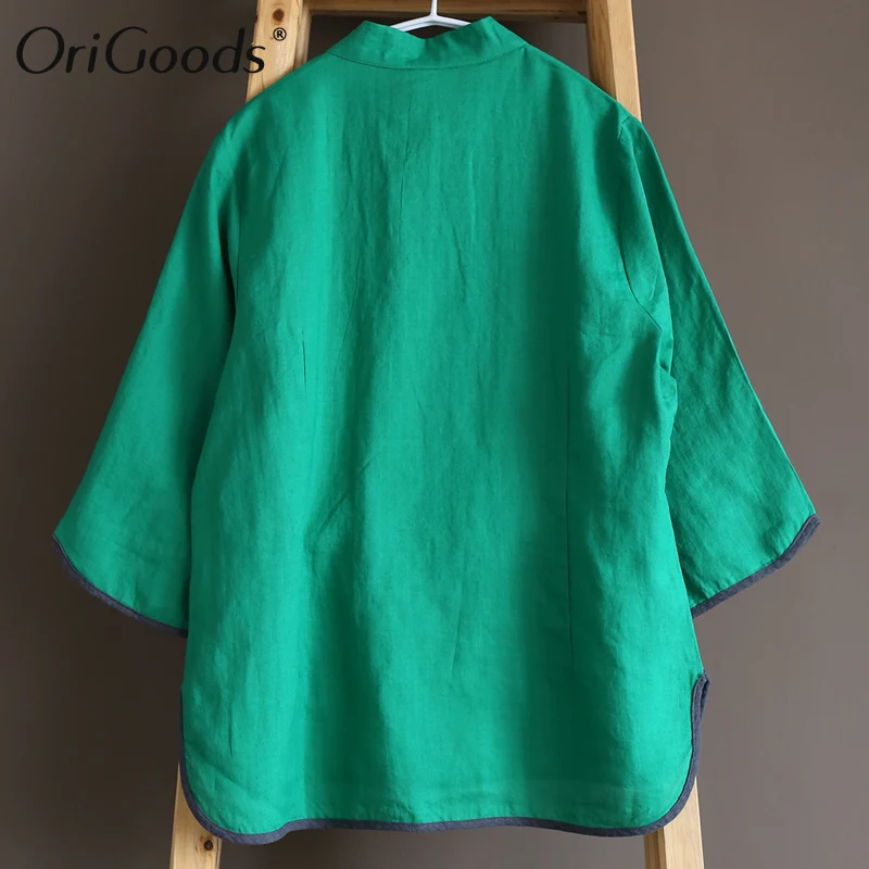 

OriGoods Chinese style Blouse Women Vintage Ramie Solid Green Blouse Shirt Original National style Summer Blouse Tops Blusa A438