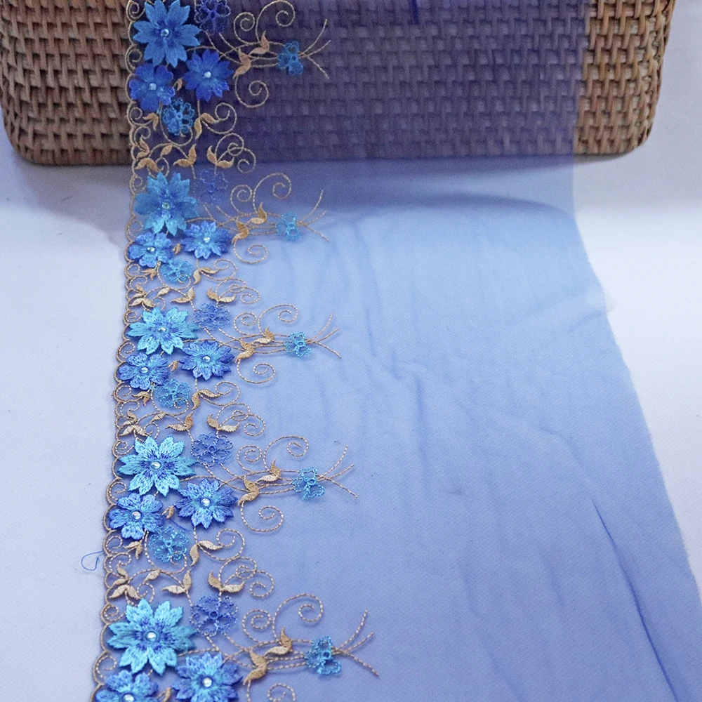 1meter 22cm Wide Blue Mesh flowers with Rhinestone embroidered lace trim Lingerie bra Dress Sleeve decoration DIY Lace Fabrics | Дом и сад