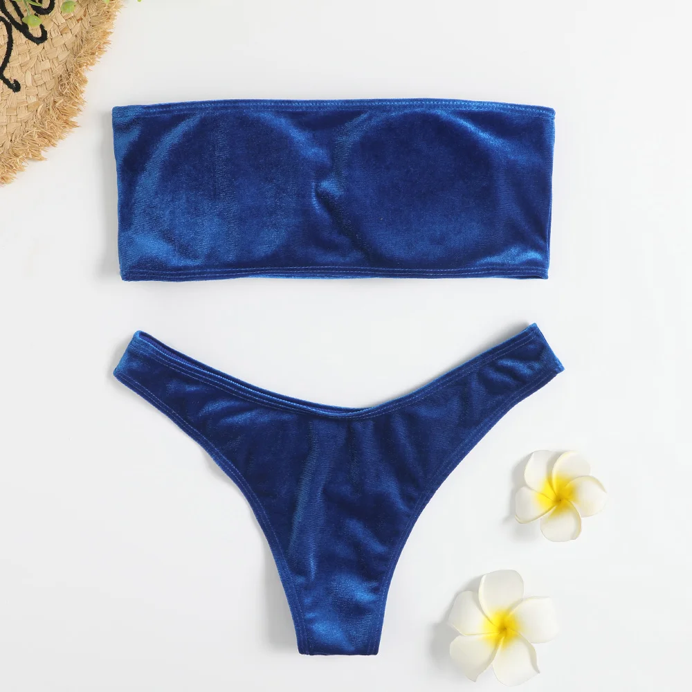 

Bathing Suit Women Velvet Thong Bikini 2021 Brazilian Swimsuit Solid Sexy Bandeau Swimming Suit Swimwear Female Summer Beachwear