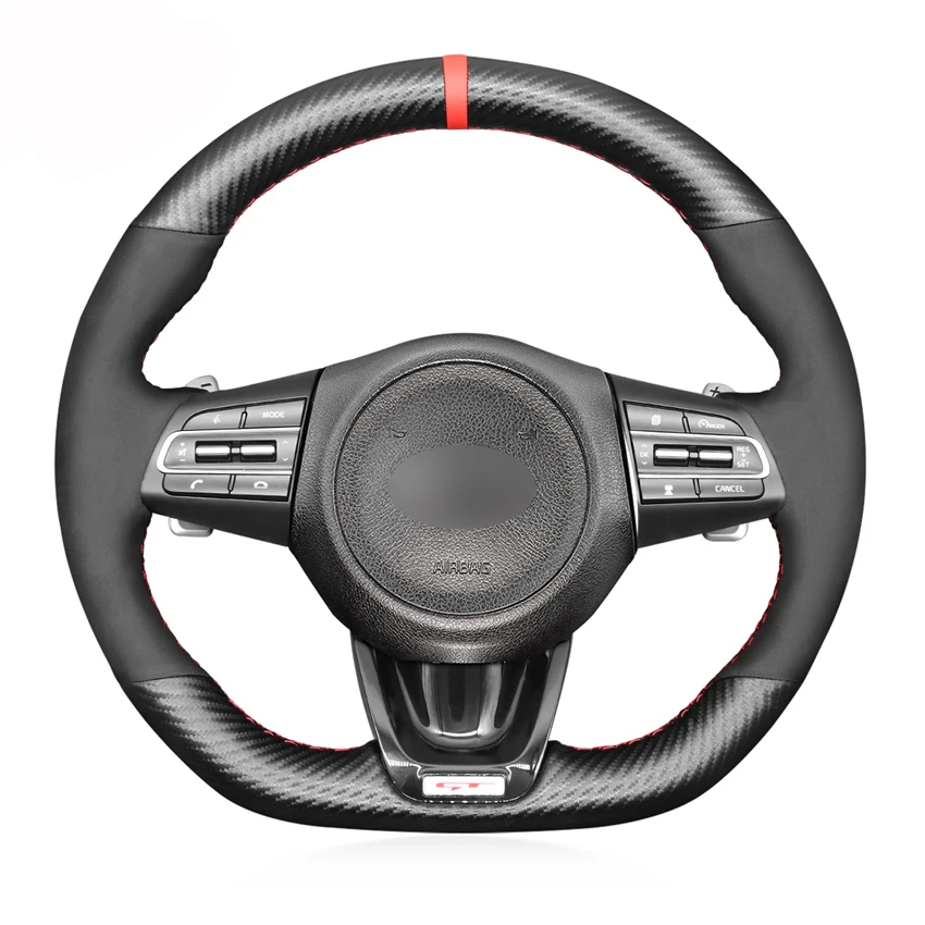 

Black Carbon Fiber Suede Red Marker Hand-stitched Soft Car Steering Wheel Cover For Kia Stinger 2017 2018 2019 2020