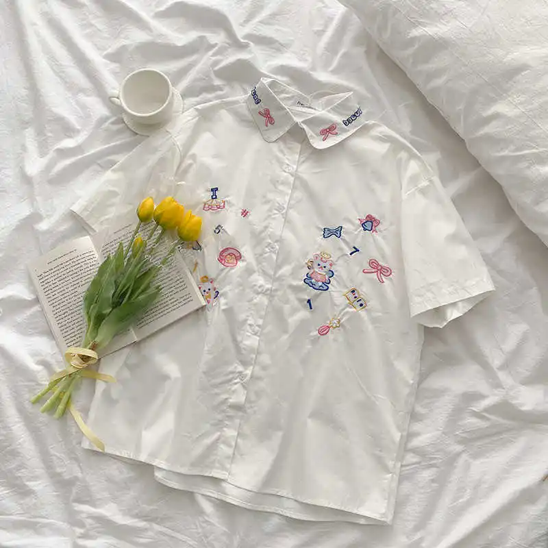 

2021 Korean Style Loose turn down collar Cartoom Embroidery Short Sleeve Shirt Summer Blouse Female outwear tops (F4358)
