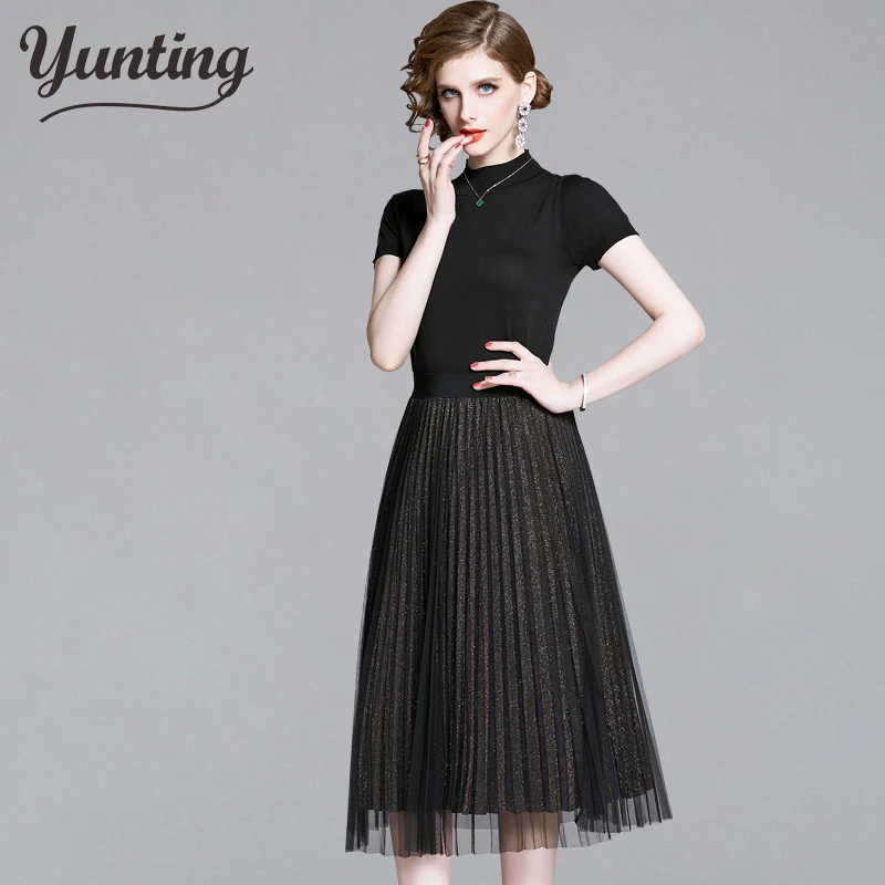

HIGH QUALITY Women T Shirt+Mesh Skirts Suits Solid Tops Vintage Skirt Sets Elegant Woman Two Piece Set