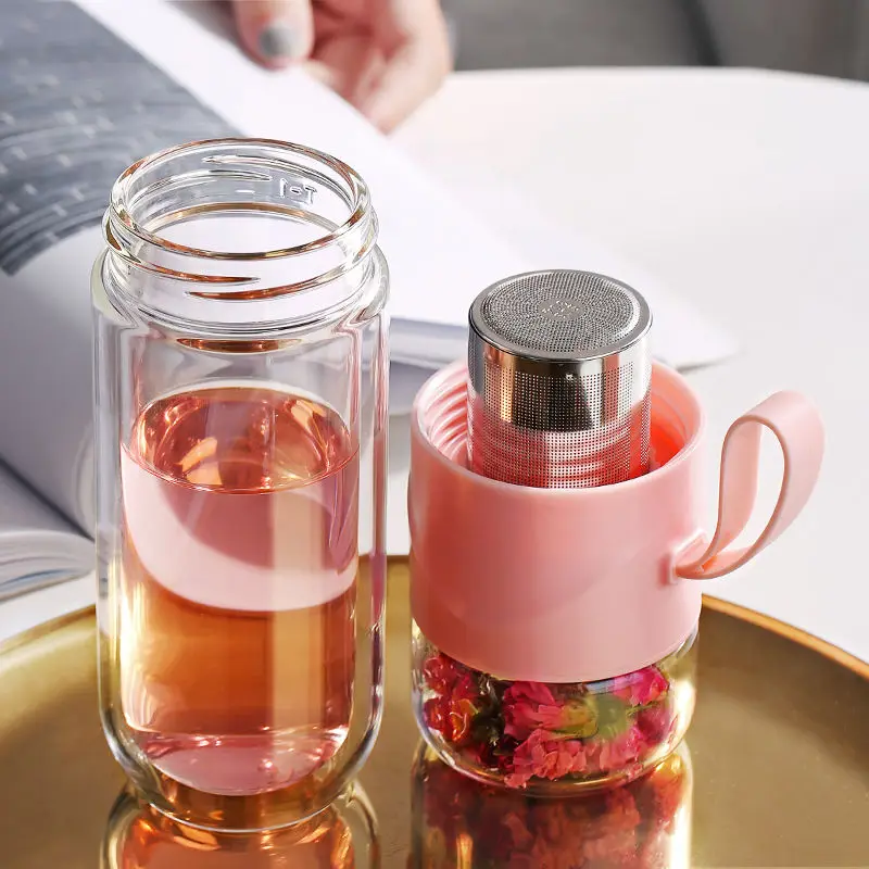 

390ml Tea Cup Portable Double Wall Borosilica Glass Tea Infuser Bottle Of Water With Lid Filter Tea High-end Elegant Office