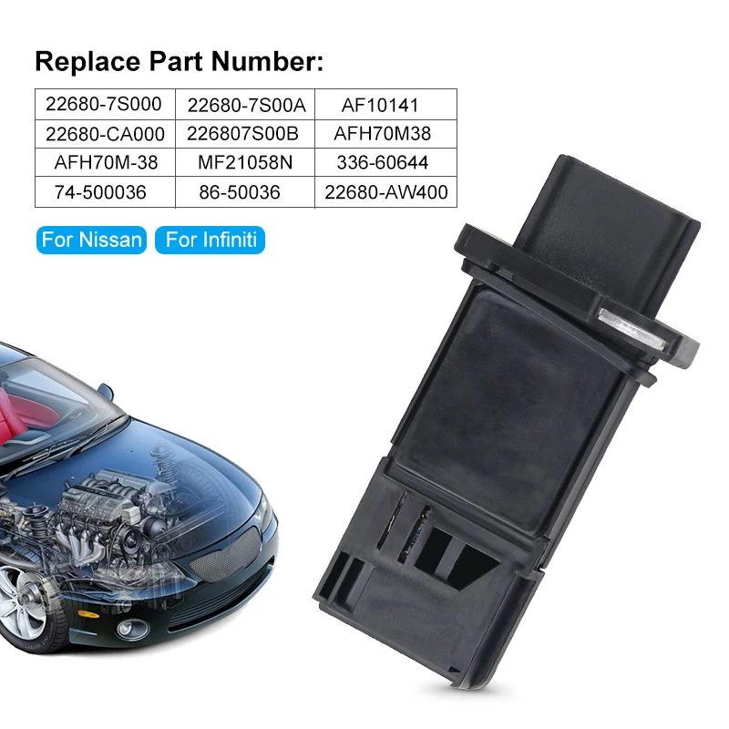 

Mass Air Flow Meter For Nissan Altima Frontier Rogue For Infiniti EX35 FX50 Q70L JX35 and more 22680-7S000 AFH70M-38