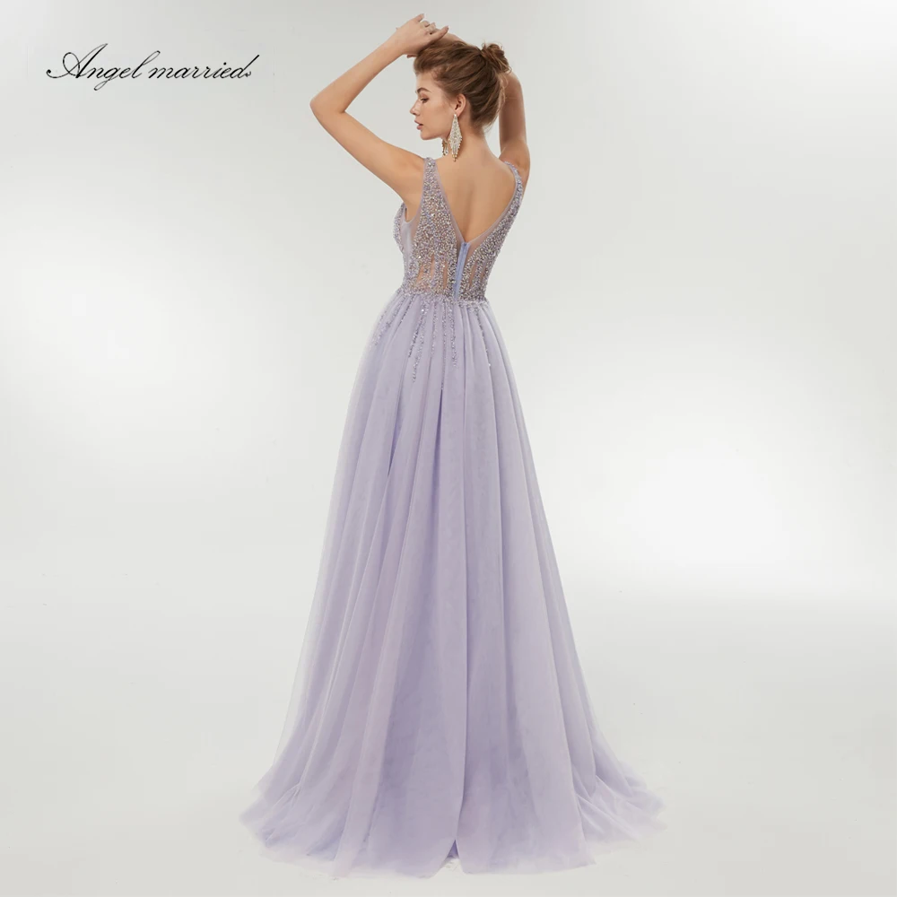 Angel married fashion Evening Dresses with slit low v neck crystal prom gowns women pageant dress formal party vestidos | Свадьбы и