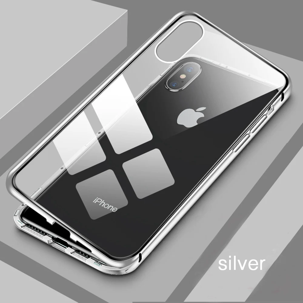 OTAO двусторонний стеклянный Магнитный чехол для iphone 7 8 Plus XS Max Xr X Металлический Магнитный чехол на 360 градусов для iphone 6 Coque - Цвет: Transparent Silver