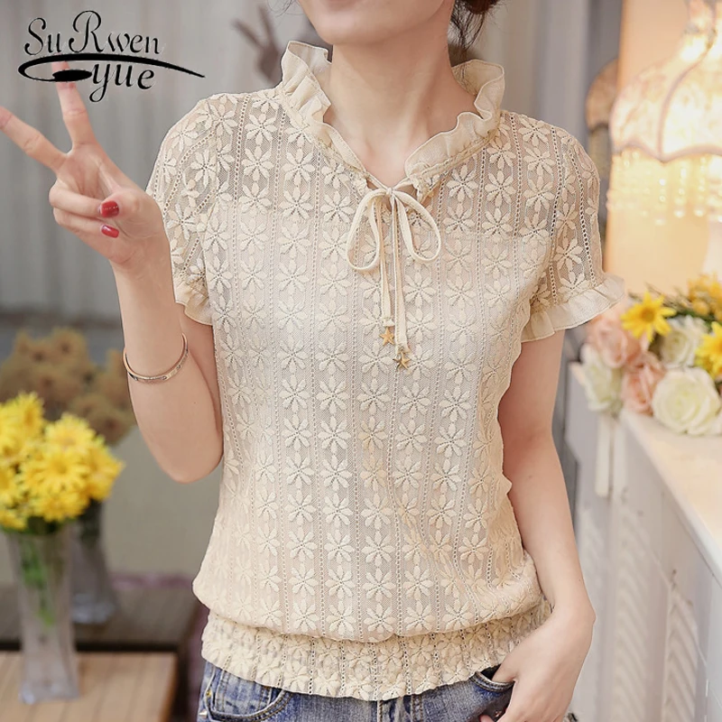 2018 модные летние топы с коротким рукавом кружевная блузка женская рубашка Милая