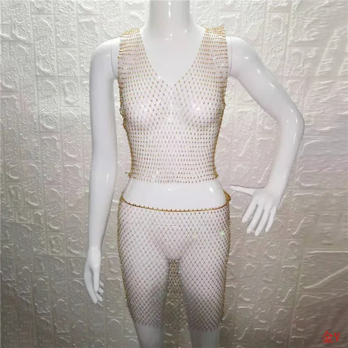 Gold v-neck Блестящие Кристальные Стразы, женская одежда, сетчатые Прозрачные топы, клетчатые сексуальные мини юбки, летний комплект из 2 предметов, Клубные, трендовые - Цвет: Gold v-neck