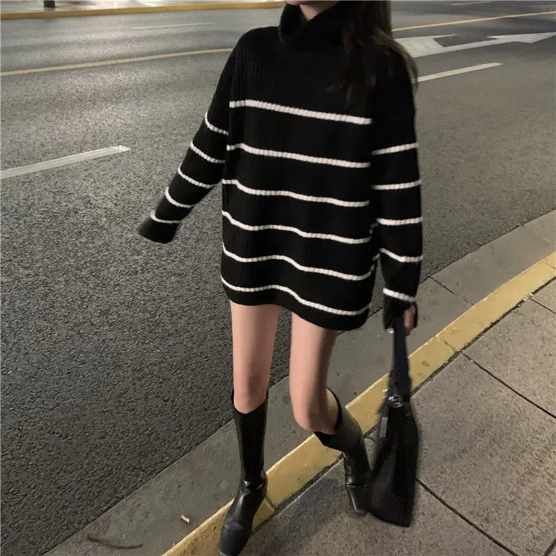 

Women's Turtleneck 2021 Pullovers Oversize Striped Knit Sweater Korean Fashion Womens Plus Size Knit Pullover Lazy Sweater