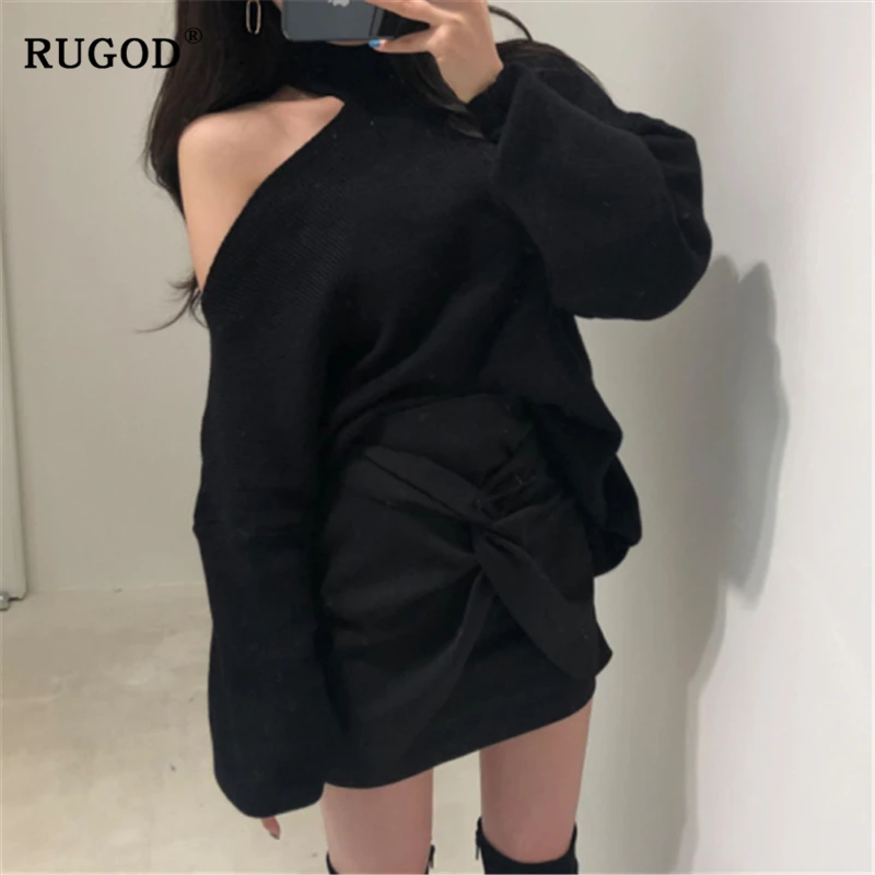 RUGOD корейский вязаный женский свитер, винтажный Однотонный свитер с открытыми плечами, женские модные свободные свитера с рукавами-фонариками