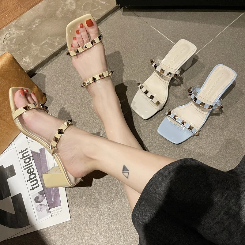 

Slippers Casual Shoes Slides Med Square heel Rivet Slipers Women Luxury Block Summer 2021 Soft PU Rubber Rome Scandals Hoof