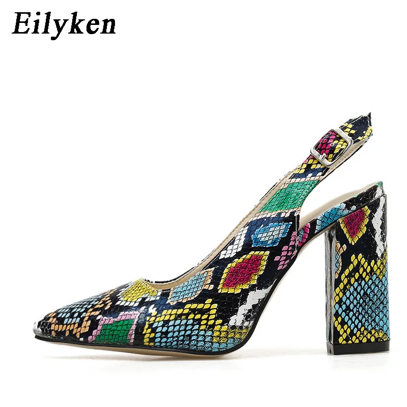 Eilyken/ г., новые модные летние туфли-лодочки с ремешком и пряжкой под змеиную кожу женские босоножки женская обувь для отдыха на высоком каблуке с острым носком