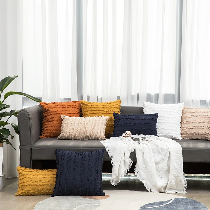 

Solid Color Cotton & Linen Cut Cushion Cover Mediterranean Modern Minimalist Style Sofa Pillowcase Room Single Pillow Cover