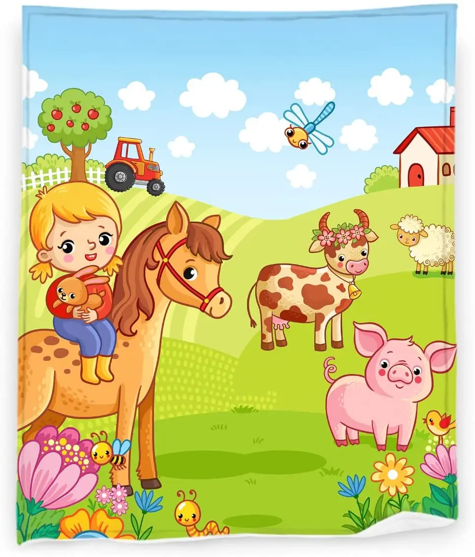 

Cartoon Farm Blanket 50" x 60" Girl and Cute Animals Cattle Pig Sheep Super Soft Bedding Fleece Throw Blanket Microfiber Flannel