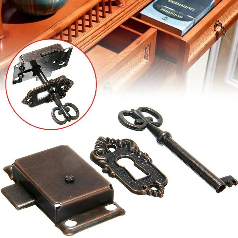 Old Vintage Keys Big Durable Portable Vintage Antique Style Iron Lock + Key For Drawer Cabinet Door Cupboard Wardrobe