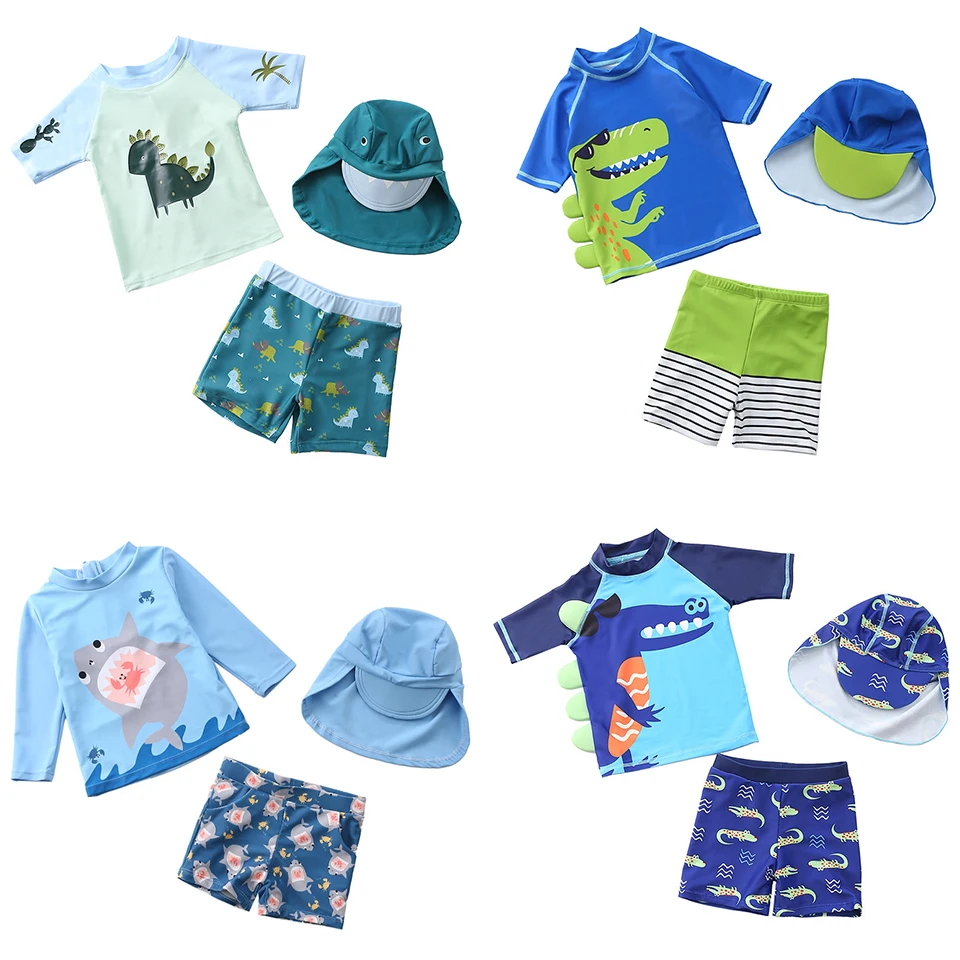 Купальный костюм для мальчиков из 3 предметов с шапочкой принтом динозавра акулы