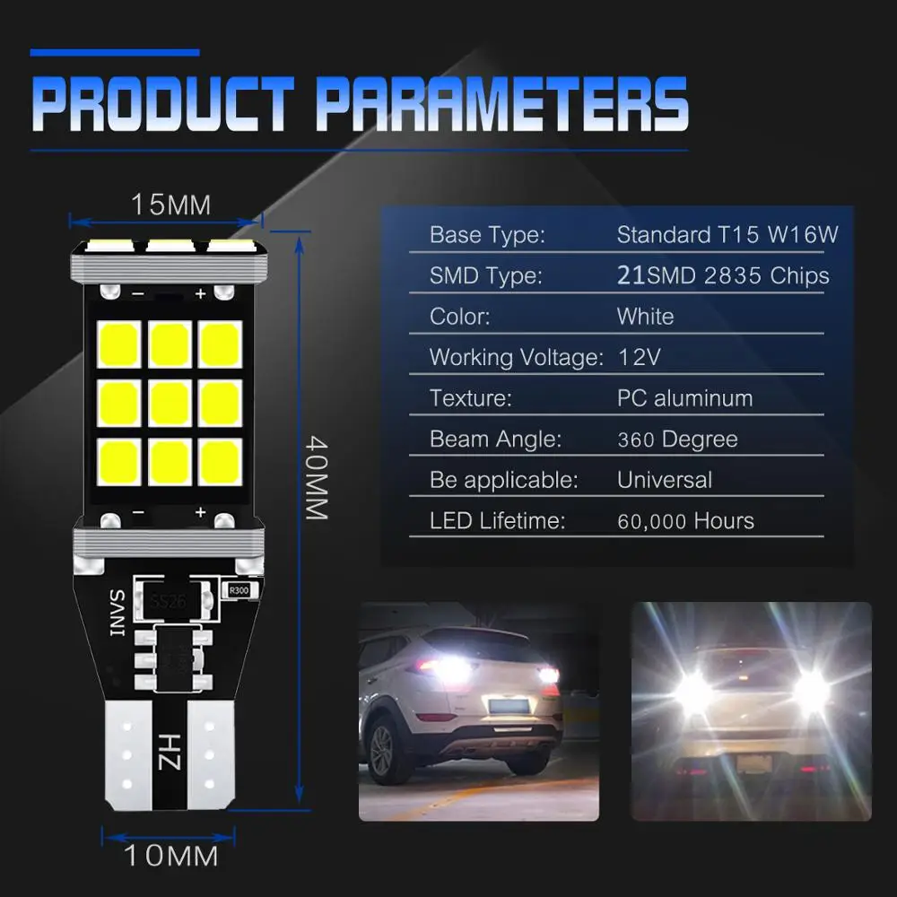 2 шт. Автомобильные светодиодные лампы 12 В постоянного тока T15 W16W 21 SMD