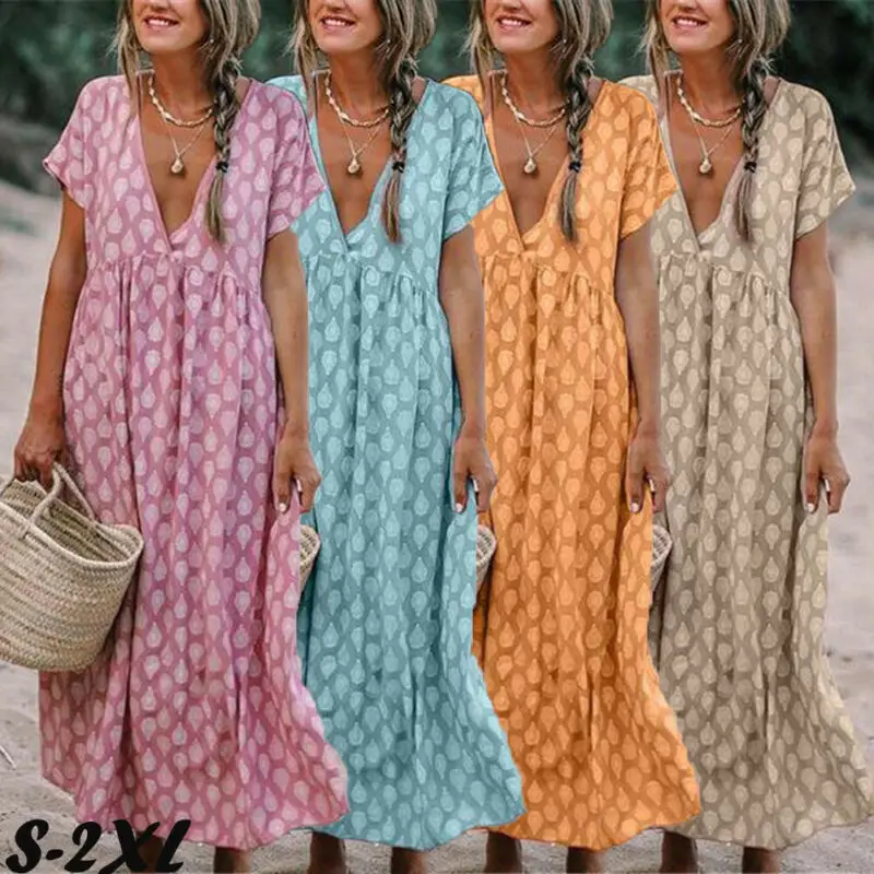 

Womens Boho Deep V Neck Polka Dots Floral Print Baggy Tunic Long Pleated Dress Loose Summer Beach Holiday Sundress Casual