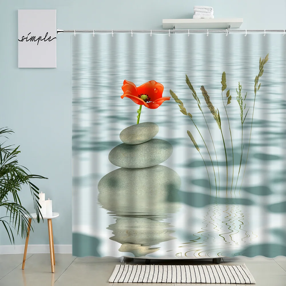 

Zen Stone Ocean Shower Curtain Scenery Bathroom Curtain Red Flowers Wheat Ears Serene Relax Curtains For Bedroom Home Decoration